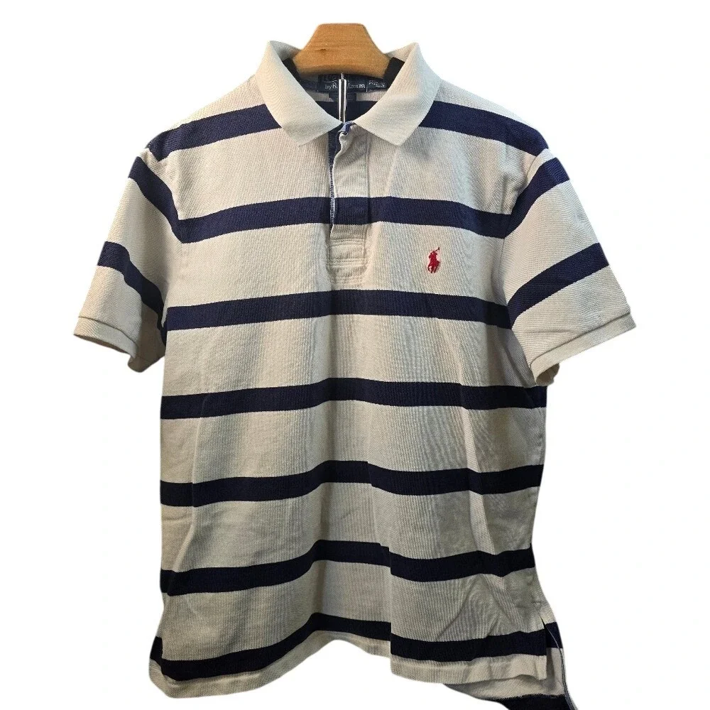 Polo Ralph Lauren Mens XL Custom Fit Striped Polo Shirt White Navy Blue Short Sl
